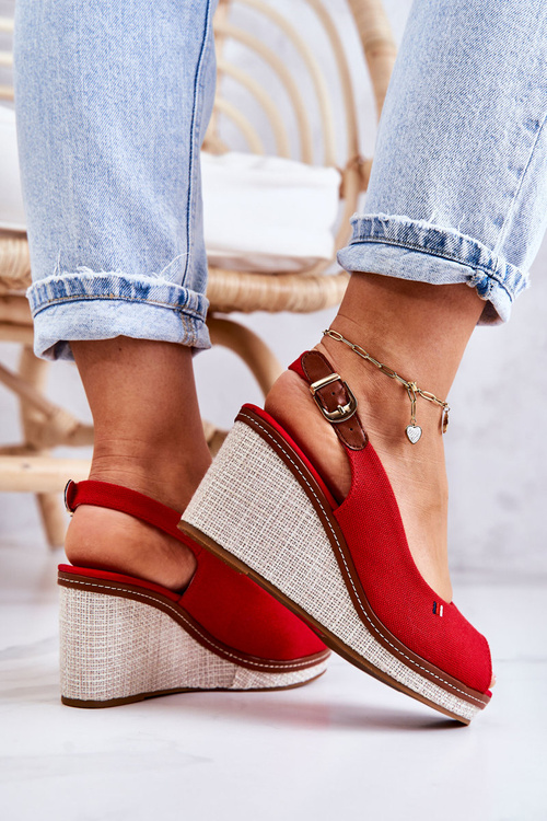 Damskie Wygodne Sandały Na Koturnie Czerwone Thallas