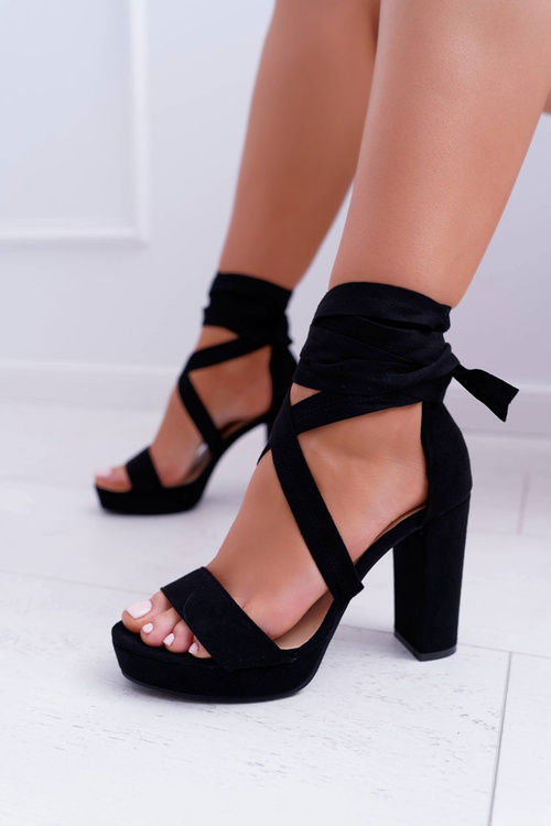 Sandały Damskie Na Słupku Platforma Wiązane Czarne LaFiesta
