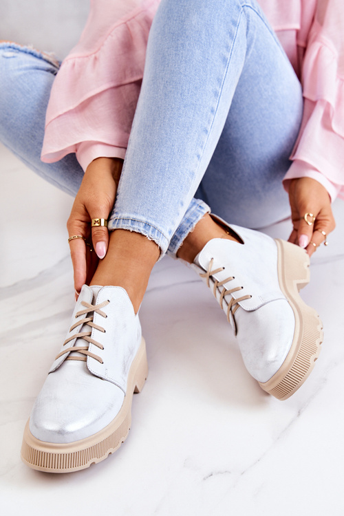 Półbuty Na Masywnej Podeszwie Nicole 2701/005 Biało-Srebrne