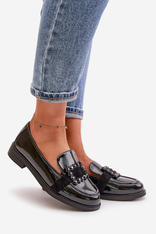 Lakierowane Mokasyny Damskie Z Ozdobą Czarne Vinceza 58389