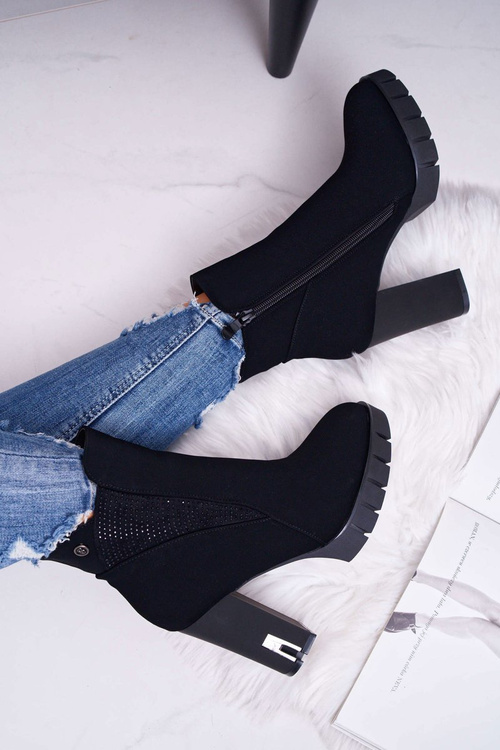 Botki Damskie na Słupku Platformie Z Cyrkoniami Czarne Deren