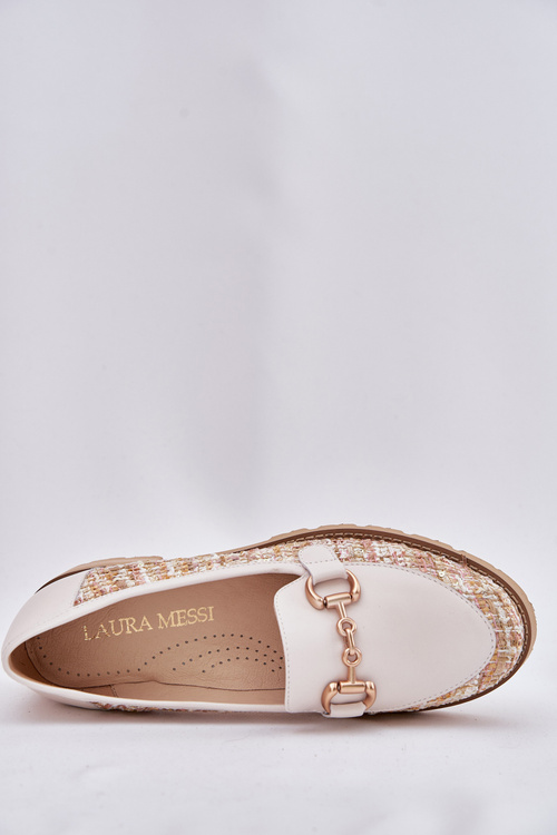 Skórzane Mokasyny Damskie Ze Złotym Detalem Laura Messi 2938 Jasnobeżowe