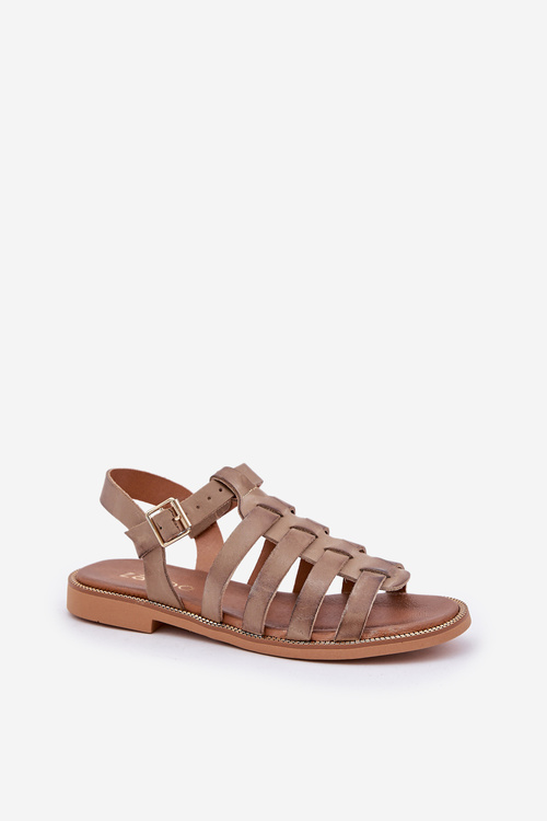 Skórzane Sandały Na Płaskim Obcasie Zazoo 3686 Ciemnobeżowe