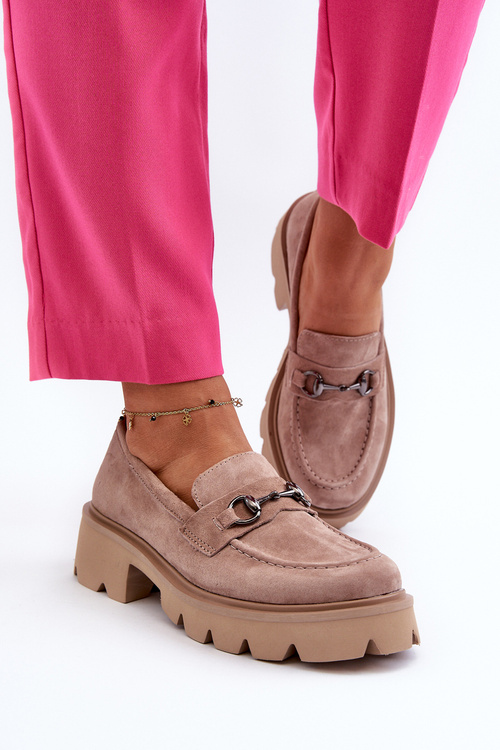 Masywne Mokasyny Damskie Zamszowe Beżowe Neloria