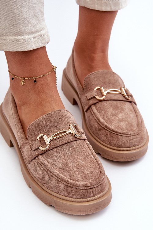 Mokasyny Damskie Ze Złotą Ozdobą Eko Zamszowe Brązowe Lighas