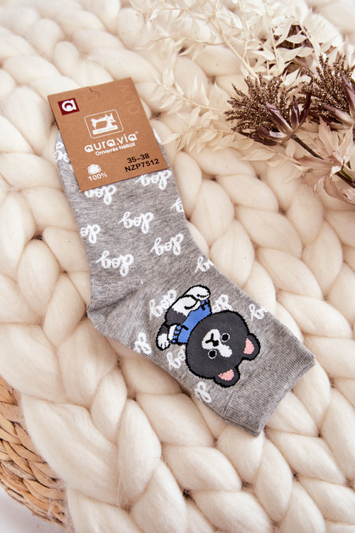 Damskie Bawełniane Skarpetki Piesek Jasnoszare