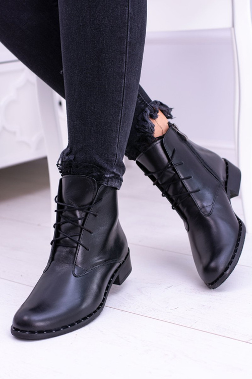 Ocieplane Skórzane Czarne Damskie Botki Z Koronką Millano