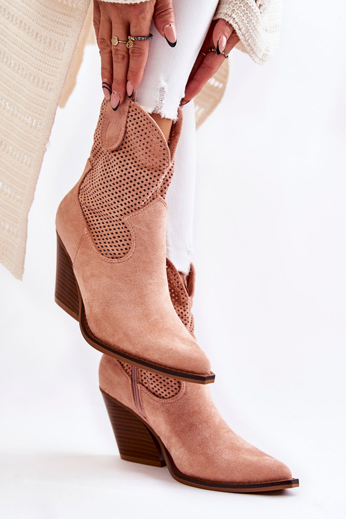 Damskie Zamszowe Ażurowe Botki Kowbojki Różowe Eleonore