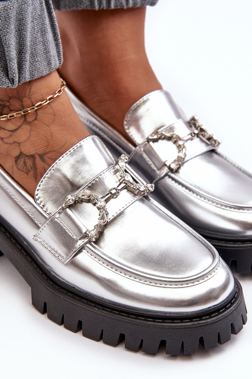 Damskie Skórzane Półbuty Na Masywnym Obcasie Srebrne Lemmitty