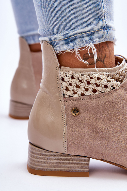 Skórzane Sznurowane Botki Maciejka 05953-04 Beżowe