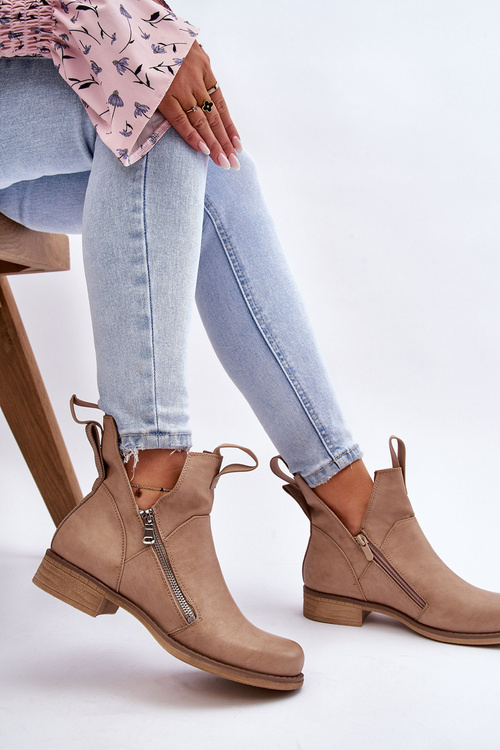 Damskie Skórzane Botki Na Płaskim Obcasie Beżowe Artemis