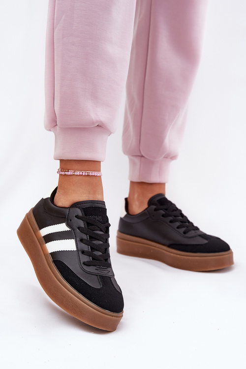 Sneakersy Damskie Na Platformie Z Eko Skóry Czarne  Elaraven