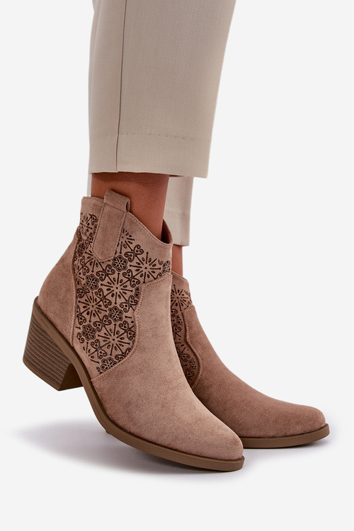 Ażurowe Botki Kowbojki Na Zamek Eko Zamszowe Beżowe S.Barski HY42-944