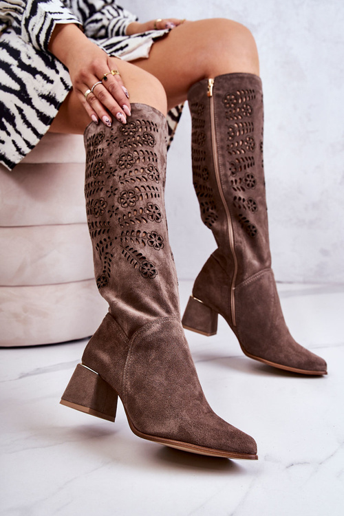 Zamszowe Kozaki Lewski Ażurowe Brązowe Romena
