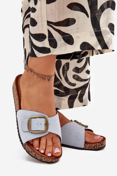 Klapki Damskie Z Klamrą Na Korkowej Platformie Niebieskie Zavira