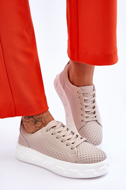Skórzane Buty Sportowe Na Masywnej Platformie Beżowe Montigo