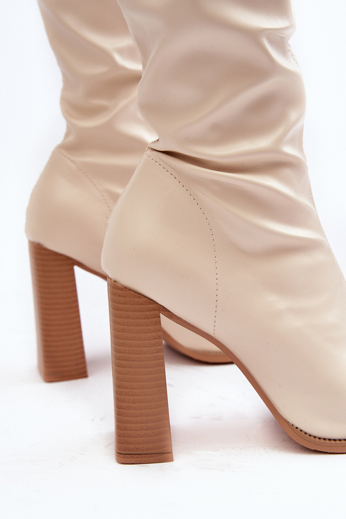 Damskie Kozaki Za kolano Na Słupku Ekoskóra Beżowe Orcella