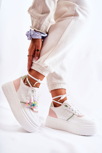 Damskie Wiązane Buty Sportowe Sneakersy Biało-Różowe Manila