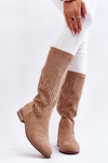 Damskie Zamszowe Ażurowe Kozaki Przed Kolano Beżowe Savannah