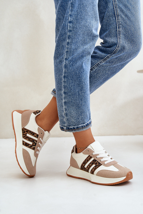 Sneakersy Buty Sportowe Na Platformie Panterka Damskie Beżowe Thari