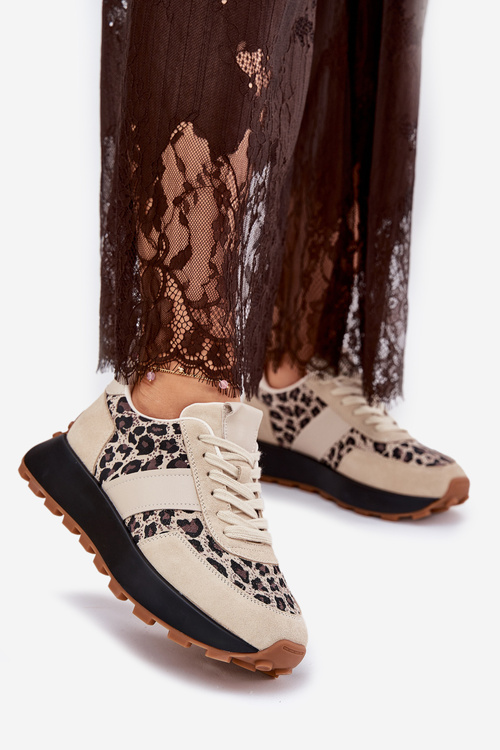 Zamszowe Sneakersy Damskie Na Platformie Panterka Vinceza 66793 Beżowe