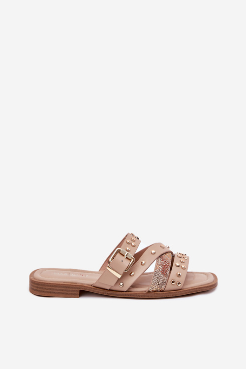 Zdobione Klapki Damskie Na Płaskim Obcasie Z Paskami I Klamrą Beżowe Manitte