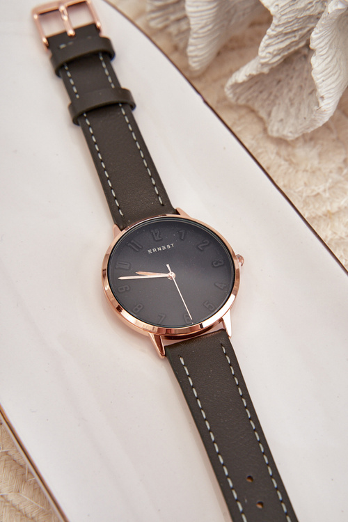 Damski Skórzany Analogowy Zegarek Bez Niklu Ernest Czarny E94195