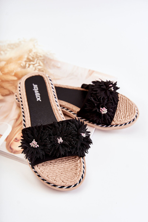 Damskie Klapki Z Materiałowymi Kwiatami Czarne Susana