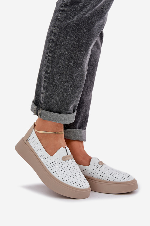 Lekkie Ażurowe Skórzane Mokasyny Półbuty Damskie Na Platformie I Koturnie Białe Hanthiel