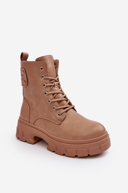 Damskie Workery Botki Sznurowane Na Płaskim Obcasie Beżowe Brenhile