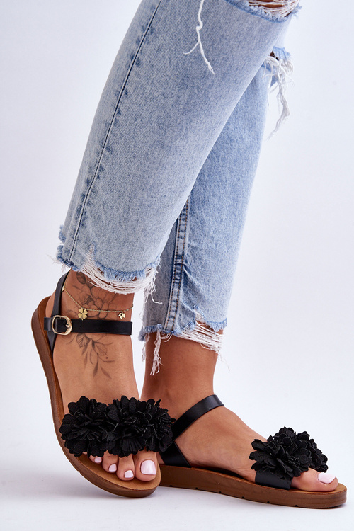 Damskie Sandały Z Materiałowymi Kwiatami Czarne Fiori