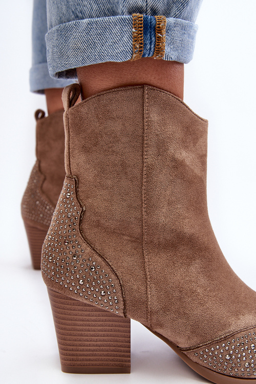 Damskie Zdobione Botki Kowbojki Na Słupku Beżowe Eleduana