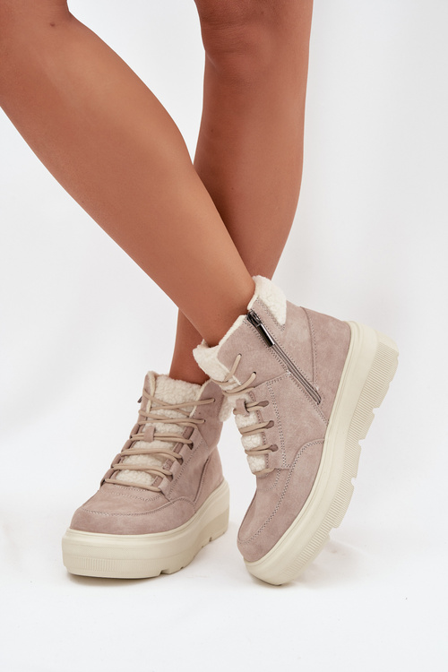 Zamszowe Śniegowce Damskie Z Kożuszkiem Na Platformie Vinceza 95354 Beżowe