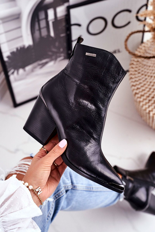 Botki Damskie Na Słupku Skórzane Big Star Czarne GG274919