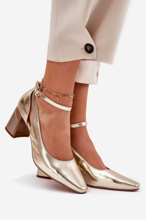 Skórzane Czółenka Na Słupku Maciejka K6816-25 Złote