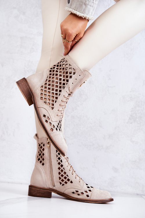 Zazoo 2695 Botki Skórzane Ażurowe Na Suwak Jasnobeżowe