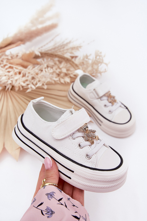 Dziewczęce Trampki Ze Złotą Przypinką Miś Białe Solena