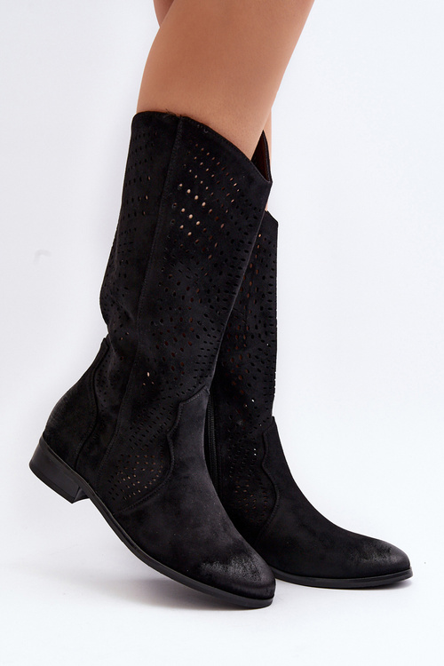 Ażurowe Kozaki Do Połowy Łydki Czarne Kleorelia