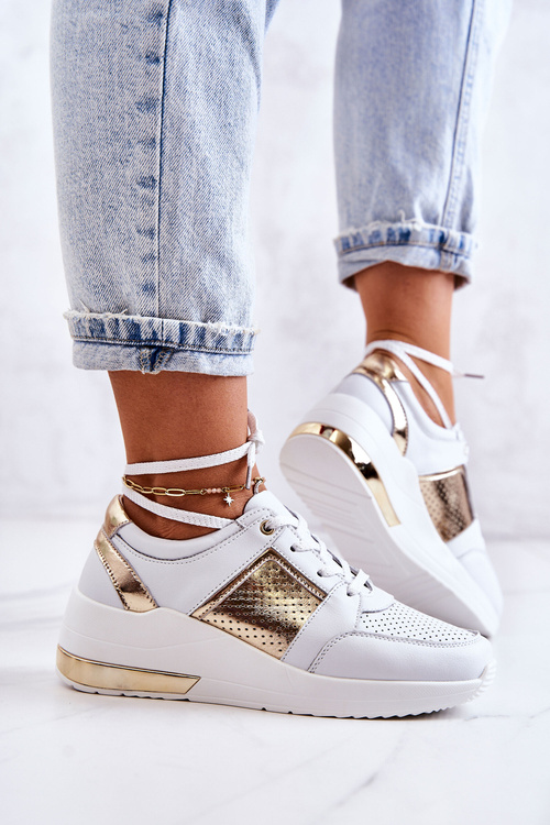 Damskie Skórzane Buty Sportowe Na Koturnie Białe Larson