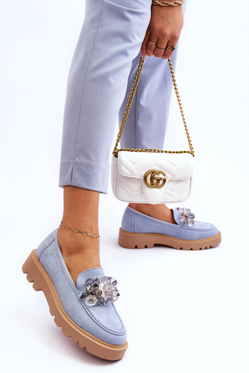 Modne Zamszowe Mokasyny Z Kryształkami Niebieskie Demeris