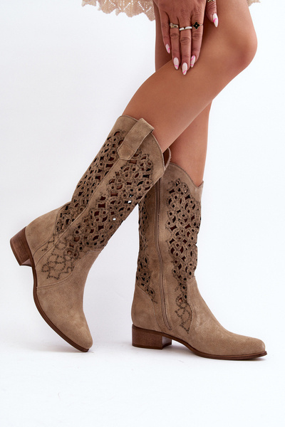 Zazoo 3403 Ażurowe Kozaki Damskie Na Niskim Obcasie Jasnobeżowe