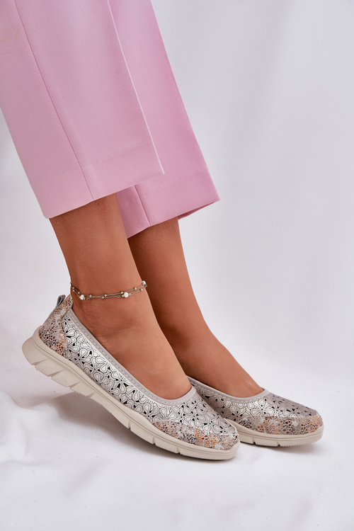 Skórzane Ażurowe Lekkie Baleriny Złote Leaneila