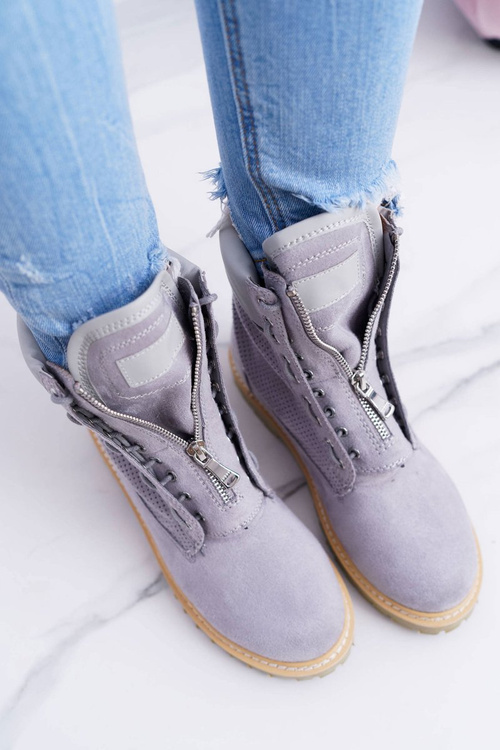 Lu Boo Damskie Szare Zamszowe Timberki Trapery Suwaki Nancy