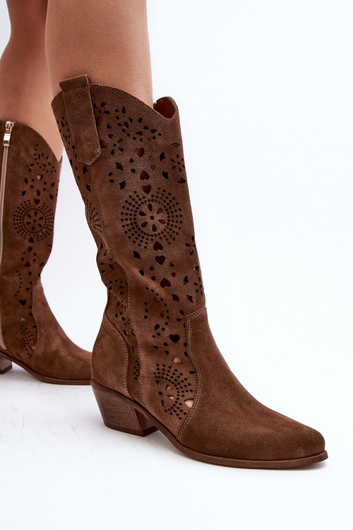 Zazoo 3396 Zamszowe Ażurowe Kozaki Do Połowy Łydki Brązowe