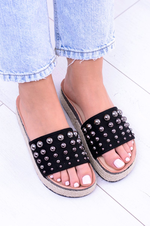 Damskie Czarne Klapki z Cyrkoniami Orto