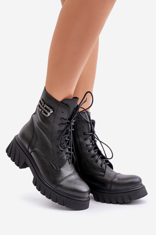 Zazoo 60486 Skórzane Botki Workery Ocieplane Czarne