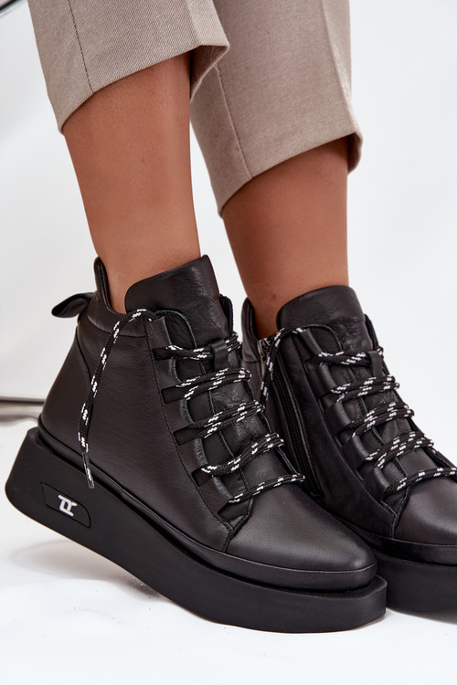 Skórzane Botki Damskie Na Platformie Ocieplane Artiker 55C0809 Czarne