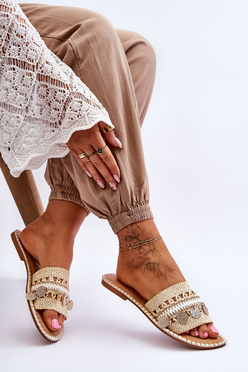 Damskie Plecione Zdobione Klapki Beżowe Millano