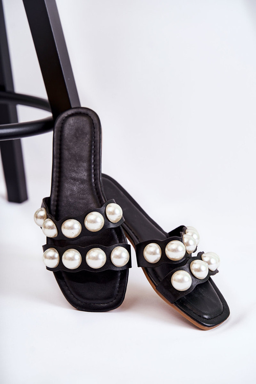 Damskie Skórzane Klapki Z Ozdobnymi Perełkami Czarne Lasello