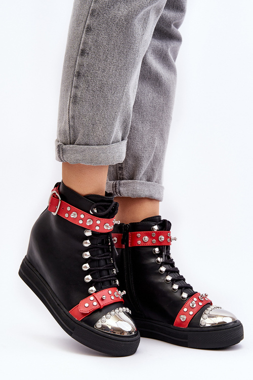 Ocieplane Botki Na Koturnie Z Dżetami Ekoskóra Lu Boo Czarne